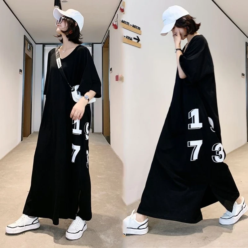 Trendy Oversized Woman Tshirts Korean Loose T-shirt V Neck Dress Print Numbers 1973 Half-sleeved Large Long Summer Dress Girl