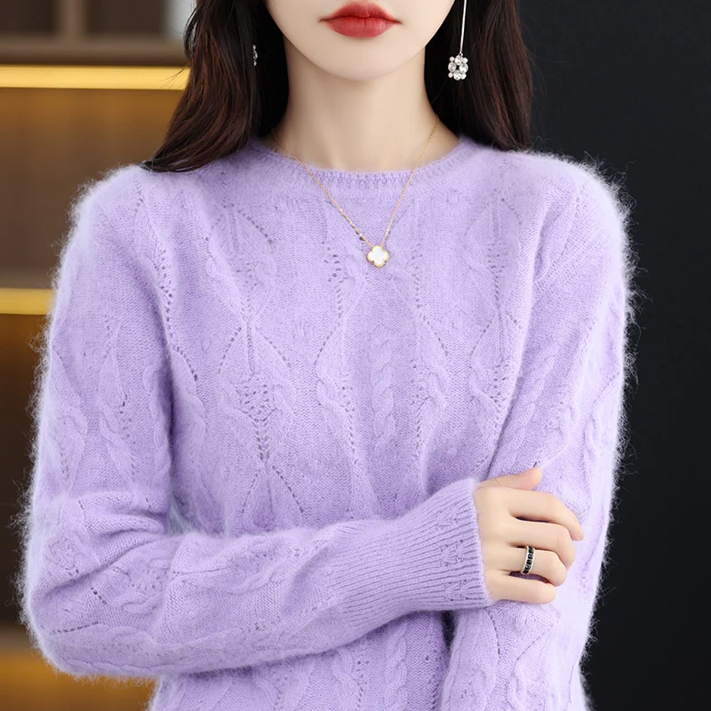 100% Mink Cashmere Sweater Women\'s O-neck Pullover Loose Knitted Underlay Autumn/Winter Long Sleeve Fashion Cashmere Top