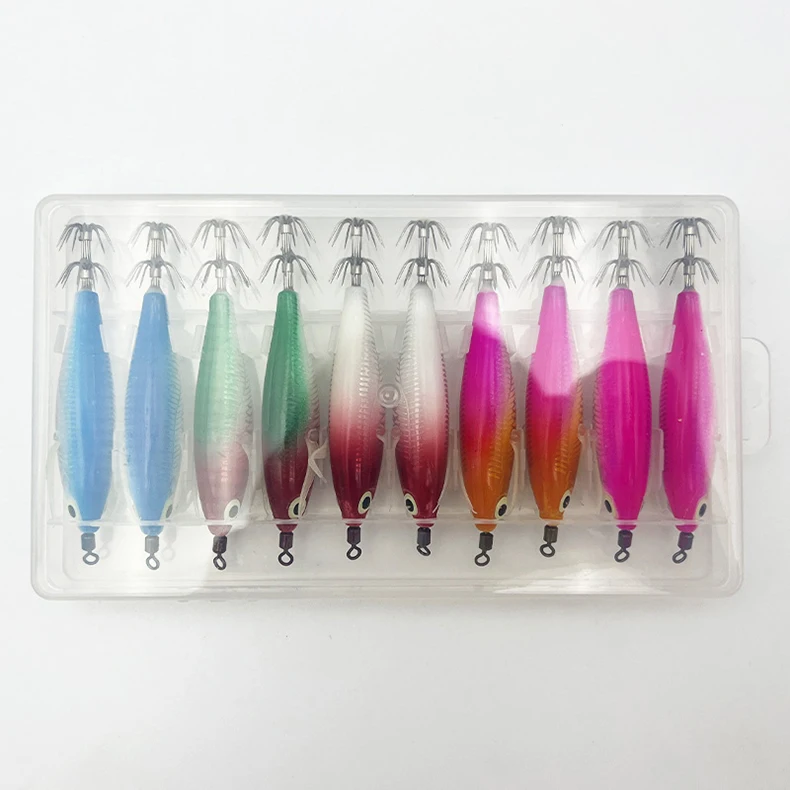 ShareShark 10 Stück/Box 8cm/5,7g Garnelen-Angelköder Leuchtende Tintenfisch-Jigs Haken Meeresangel-Zubehör Künstlicher Köder Oktopus-Köder – Detail 14