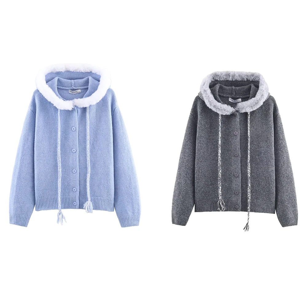 

European and American style 2025 winter new women's casual plush hooded woven rope tassel knitted cardigan