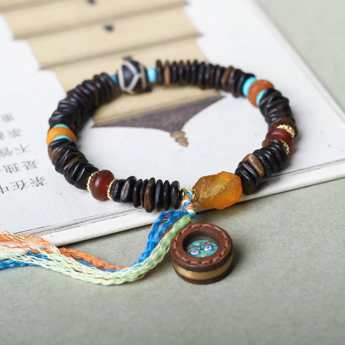 Chinese Style 10mm Agarwood Beaded Bracelet For Women Hand Painted Five Fortune God Thangka Leather Spacer Lucky Blessing Wealth