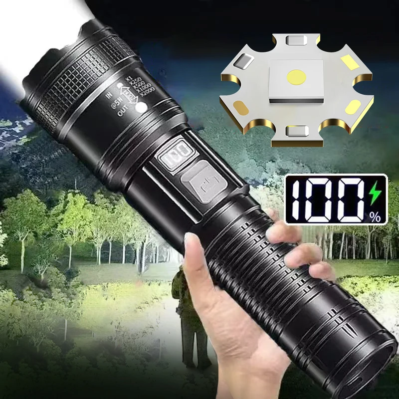 Nouveau type-c torche Rechargeable Zoomable haute puissance lampe de poche LED lumière de secours lanterne tactique extérieure étanche lampe à main