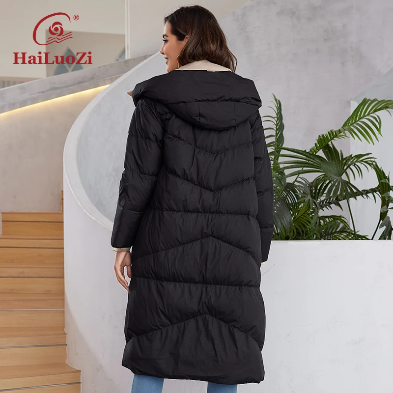 HaiLuoZi 2023 New Women\'s Down Coat Long Hood Warm Soft Female Outwear Solid Color Big Pocket Zipper Quilting Women Jackets 1106