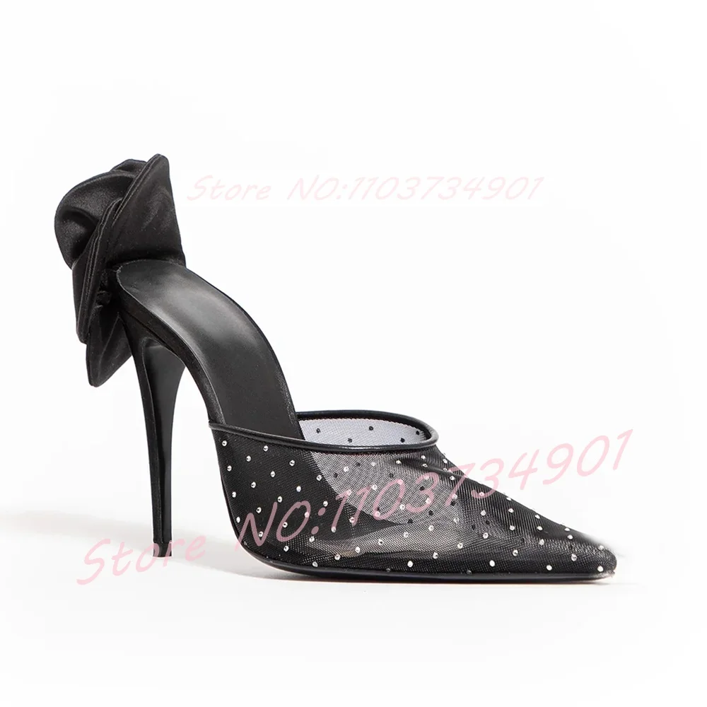 Mesh Crystals Slippers Women Classy White Floral Pointed Toe Pearl See-through High Heels Slippers Ladies Wedding Party Shoes