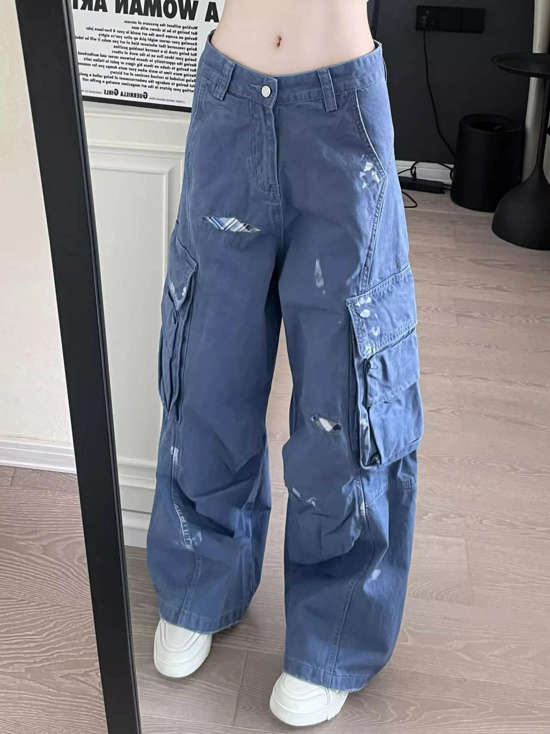 Y2K Checkered Pants Men Women Patchwork Embroidered Hand Painted Ink Splash American Style Casual Loose Wide Leg Floor Length