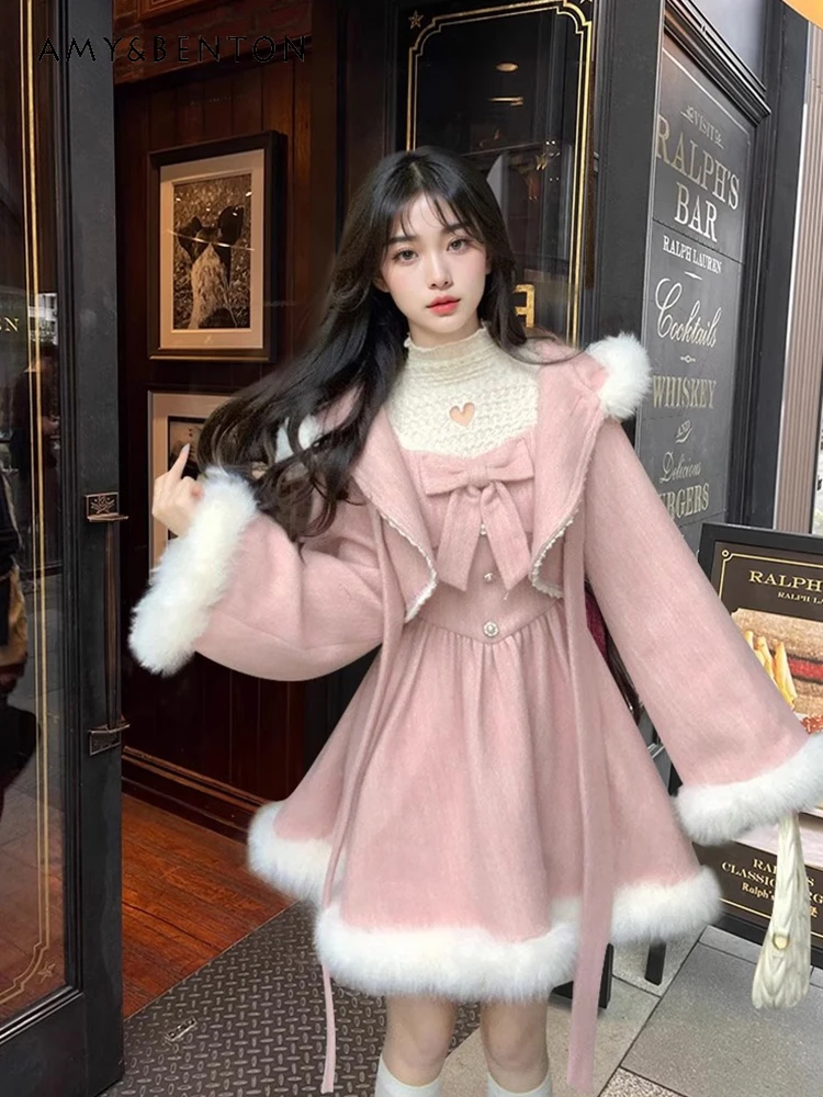 

2025 Autumn Winter Commuting Style Women's Pink and White Plush Hooded Cloak Coat Short Strap Dress Two-Piece Set