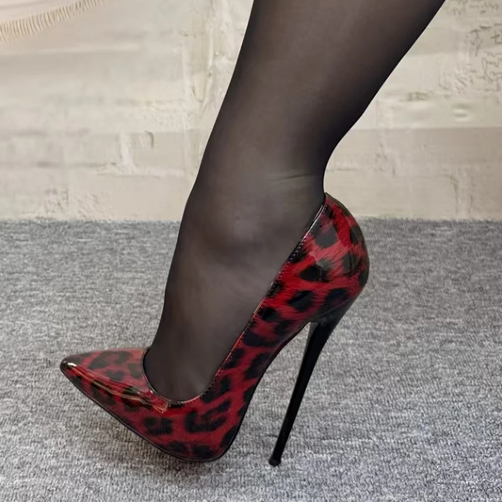 

Новые туфли Extonic на высоком каблуке 16 см, женские туфли-лодочки, обувь для танцев на пилоне в ночном клубе, сексуальные красные туфли с леопардовым принтом, с острым носком, без застежек, индивидуальные цвета