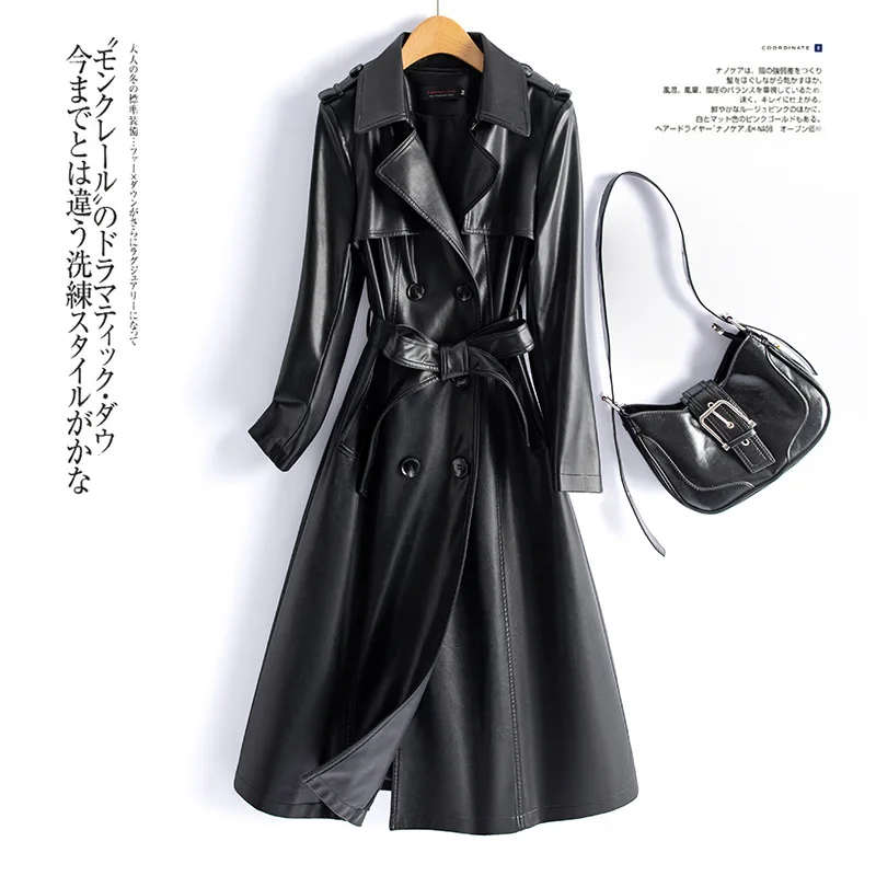 Elegant Pu Leather Women's Long Jacket Double Breasted Lace Up Solid Jackets Lady 2025 Autumn Winter Chic Female Outwears