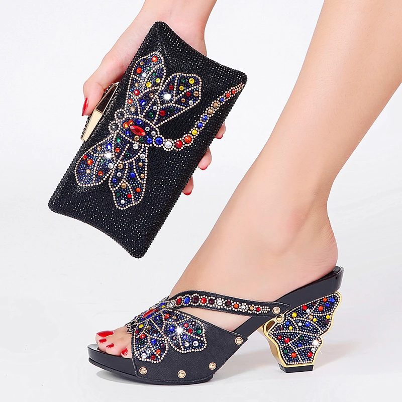 The latest unique rhinestone dragonfly clutch high-heeled slippers diamond large size shoes size 38-44 women\'s shoe bag suit