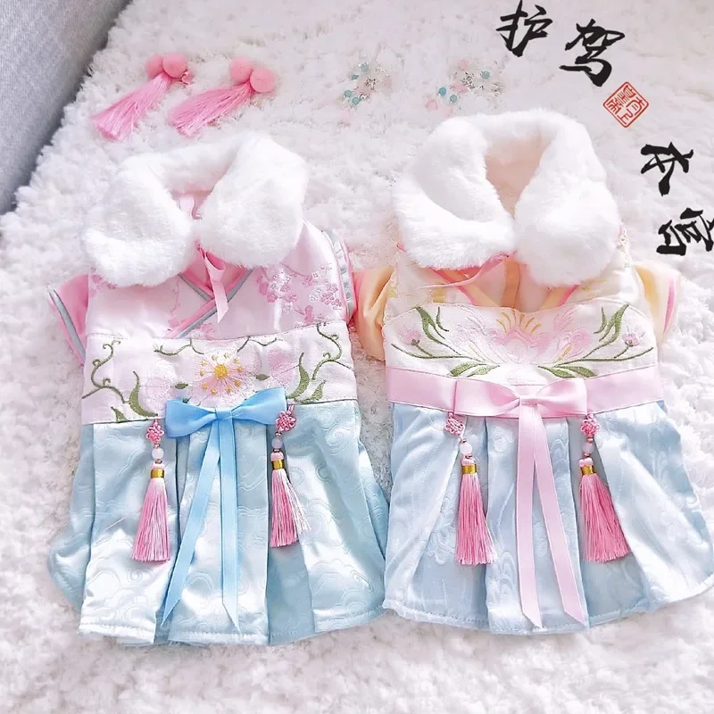 Chinese New Year Dog Dress Winter Pet Clothes Dog Tang Suit Cheongsam Cat Puppy Costume Skirt Wedding Dresses Small Dog Outfit