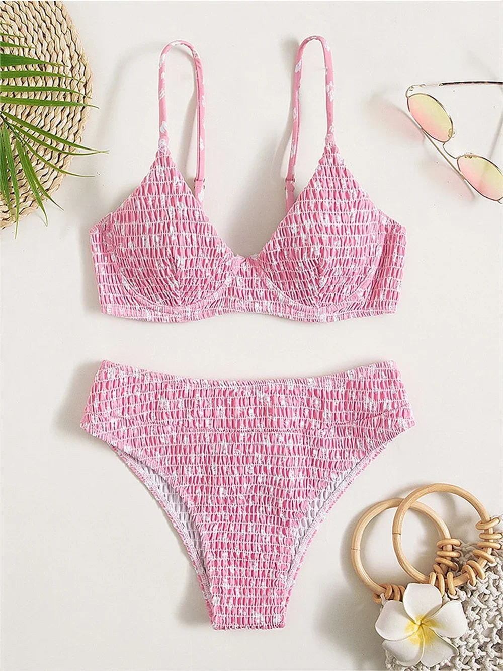 

Sexy Underwire Bikini Pink Floral Swimsuit Push Up Wrinkle Vacation Swimwear Women Bathing Suit Beach Outfit Traje De Bano Mujer
