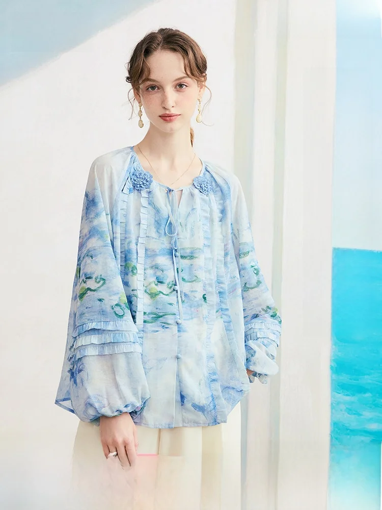 

Summer New Loose Women's Chiffon irt with Bow Tie 3D Flower Print Sweet Sle Long Sve round Ne Princ Cut Polyester...