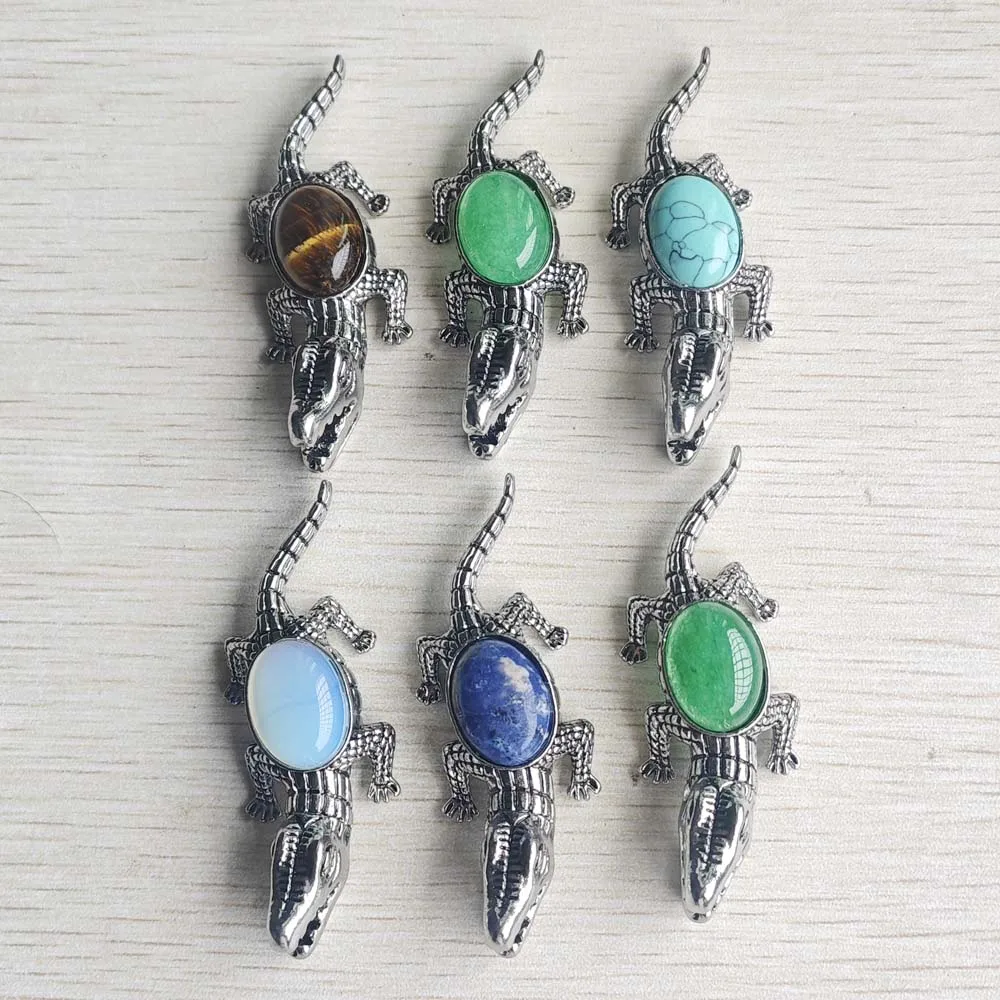 New good quality alloy crocodile mix natural stone pendants for diy necklaces gifts jewelry wholesale 6pcs free shipping item