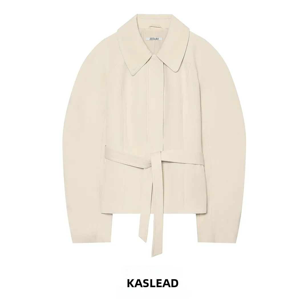 KASLEAD New Women's Fashion Windbreaker Belted Nine-Point Short Skirt Jacket Outerwear Polyester Fiber Long Sleeve Short Style