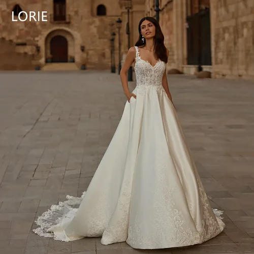 LORIE-vestido de novia de encaje, corte en A, apliques, sin mangas, espagueti, sin tirantes, sin espalda, personalizado, 2025