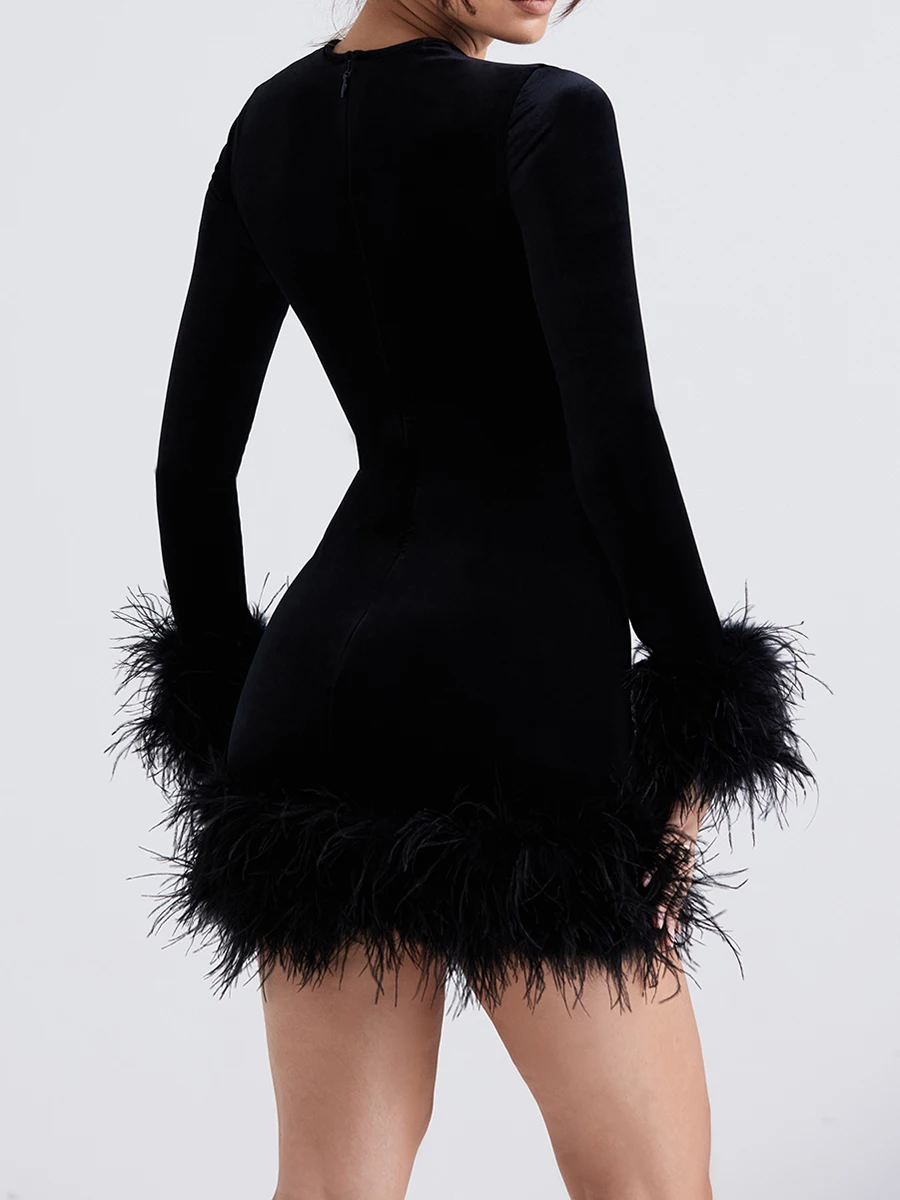 Sexy Feather Black Women Party Dresses Spring Autumn Long Sleeve Round Neck Mini Dress 2023 Female Elegant Club Evening Vestido