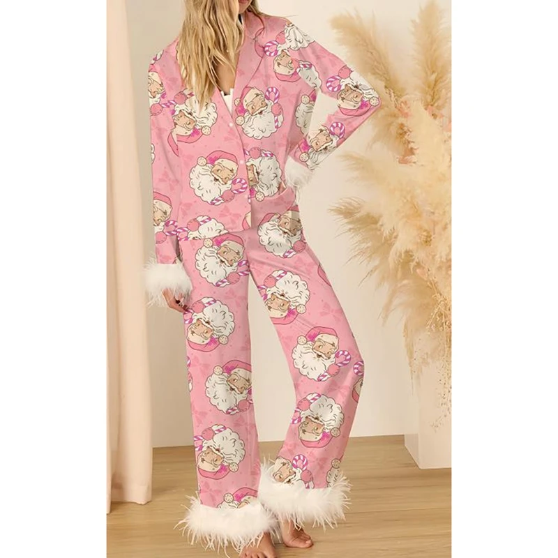 

HEZIOWYUN Women's Christmas Satin Pajamas Sets Feather Trim Long Sleeve Button Up Shirt and Santa Print Pants Xmas Loungewear