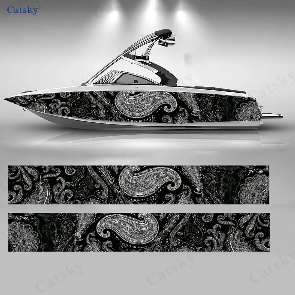 2Pcs Midnight Paisley Boat Stickers, PVC Waterproof Durable Vinyl Wrap Decals for Fishing Boats, Durable and Stylish Design