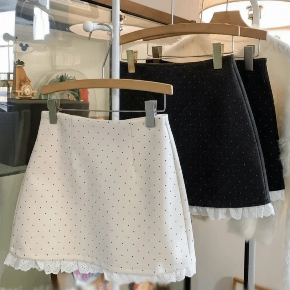 

Sweet Elegant Mini Skirt Lace Ruffles Polka Dot Pattern Lace Skirt Retro Style High Waist Bodycon Skirt Women Summer Wear