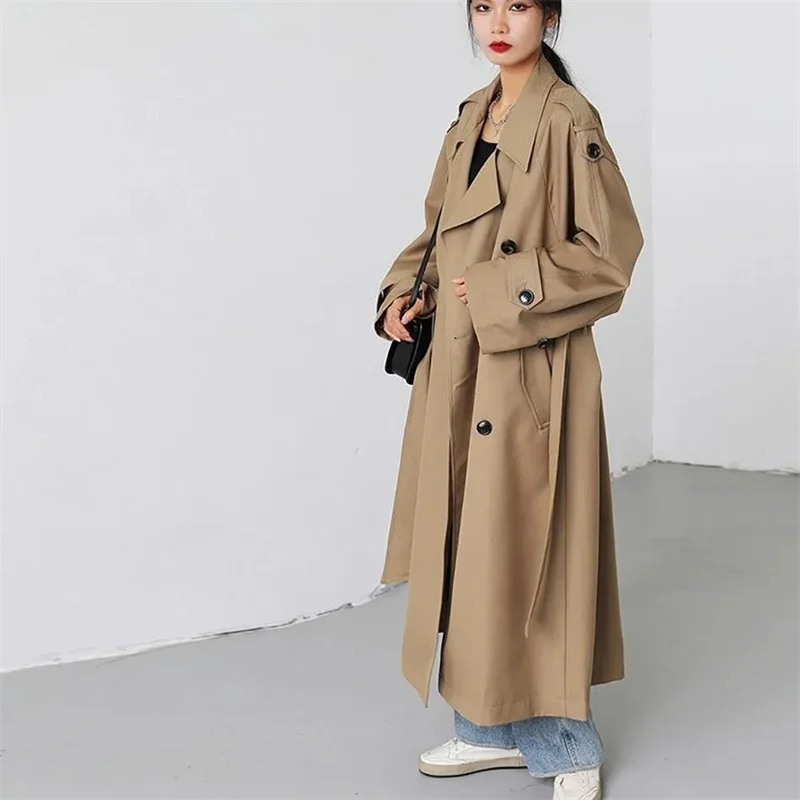 Trench lungo grigio kaki oversize primavera autunno per donna Cappotto doppio petto sciolto casual alla moda coreana