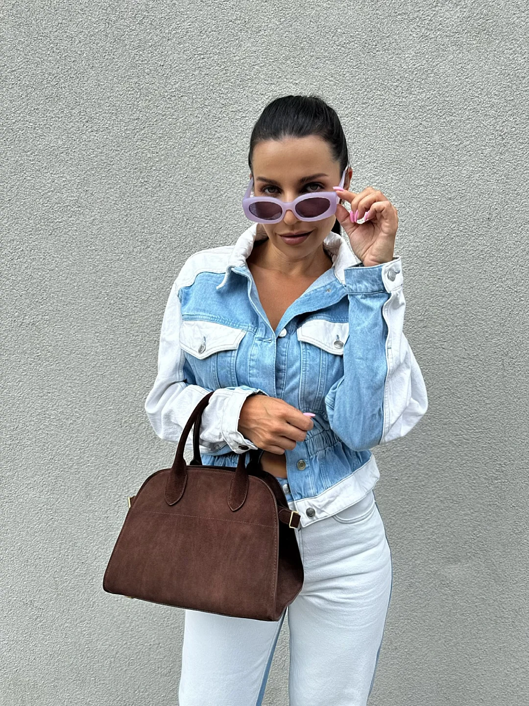 

HH Women's Street Fashion Denim Splicing Suit Long Sleeves Lapel Single-breasted Pockets Jacket+Mid-waist Straight Jeans