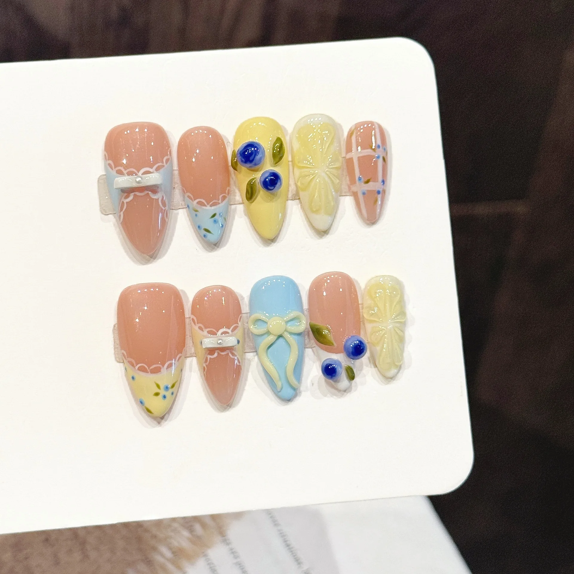 10pcs Pure Hand Pressed Medium Almond Nail Art,Beautiful Fake Nail, Pink And Yellow Contrast Lemon Blueberry,Suitable For Women