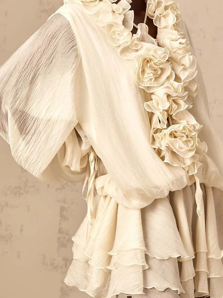 Vestido de fiesta liso informal para mujer, minivestido elegante con cordones y retazos de flores a la moda, vestido acampanado con volantes y manga acampanada con cuello en V