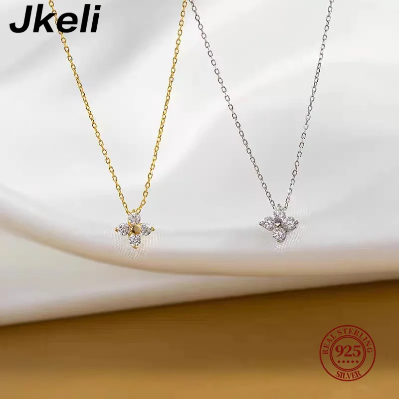 JKeli 100% S925 Sterling Silver Round Zircon Bead Necklace for Women Gold Silver Color Korea Clavicle Chain Necklace Trendy Jewe