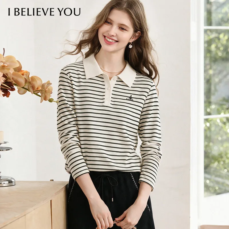 I BELIEVE YOU Women's Long Sleeve T-shirt 2026 Fall Winter Stripe Polo Collar Daily Tops Slim Layering Inner Clothing 2263016422