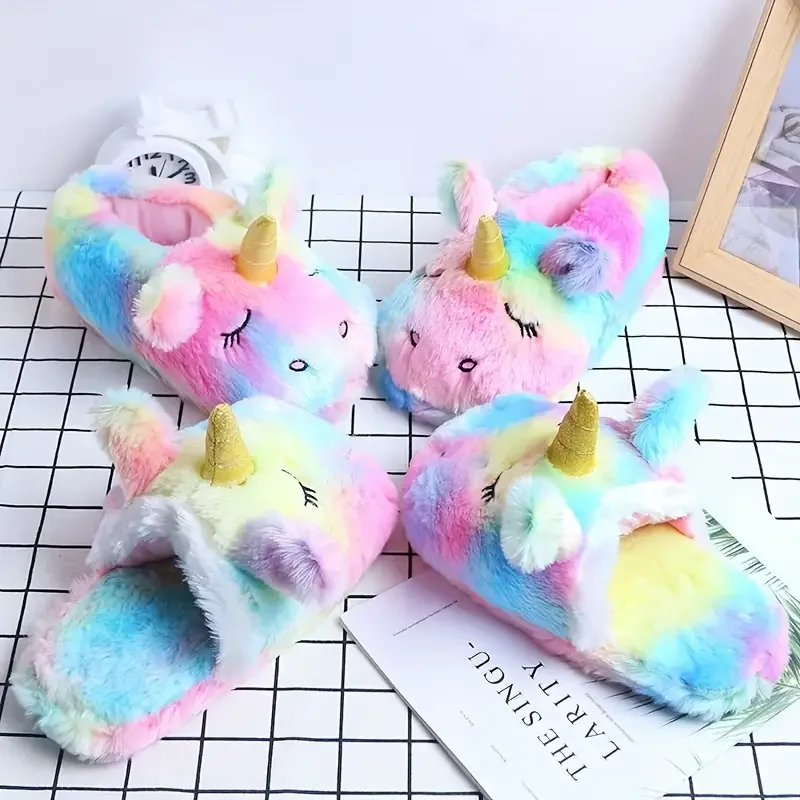 COOLSA Women Indoor Cartoon Unicorn Slippers House Candy Color Cute Warm Plush Slides Holiday Surprised Shoes