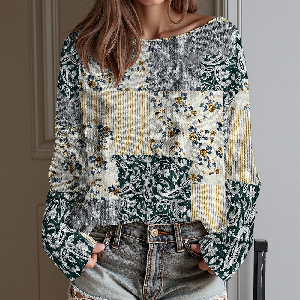 

Женская лоскутная богемная футболка с длинными рукавами и цветочным принтом пейсли, топ с открытыми плечами, фестивальная блузка в стиле отпуска, праздничная одежда