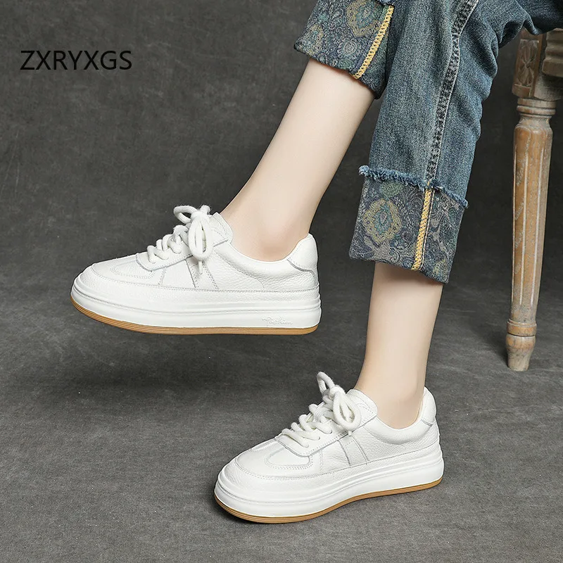 ZXRYXGS 2024 otoño con cordones Premium zapatillas de deporte de cuero genuino zapatos de plataforma aumentar zapatillas de deporte zapatos casuales de mujer negro blanco