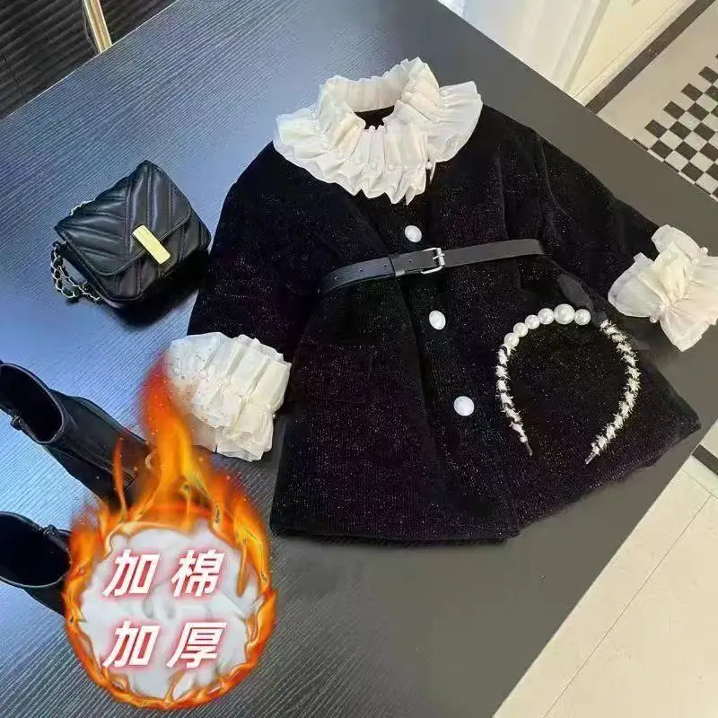 

Girls' Cotton Jacket 2025 Winter New Style Girls' Fashion Retro Lace Korean Edition Cotton Thick Cardigan Top