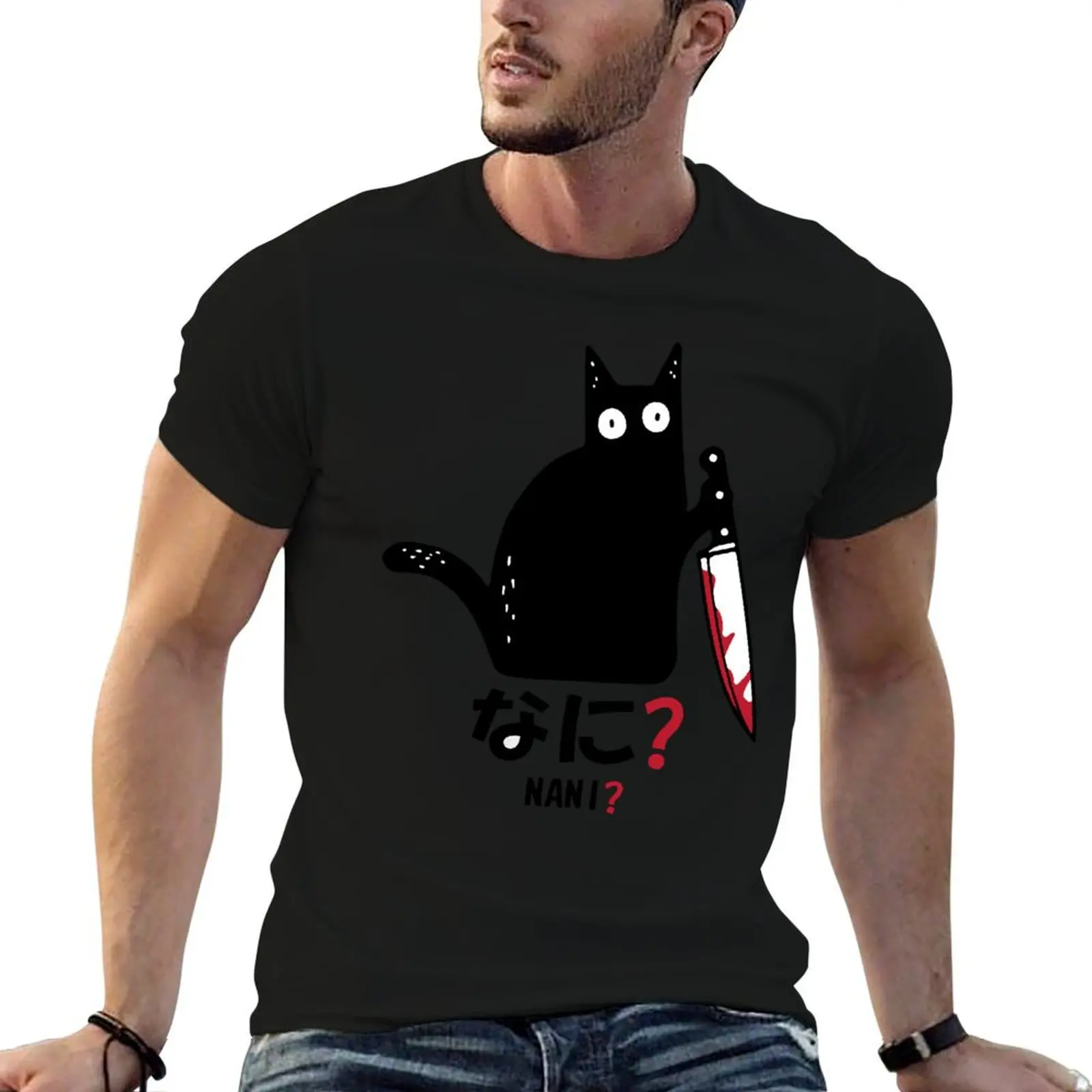 Pretty Cat nani black cat with knife T-ShirtT-Shirt Aesthetic clothing graphics summer tops mens funny t shirts