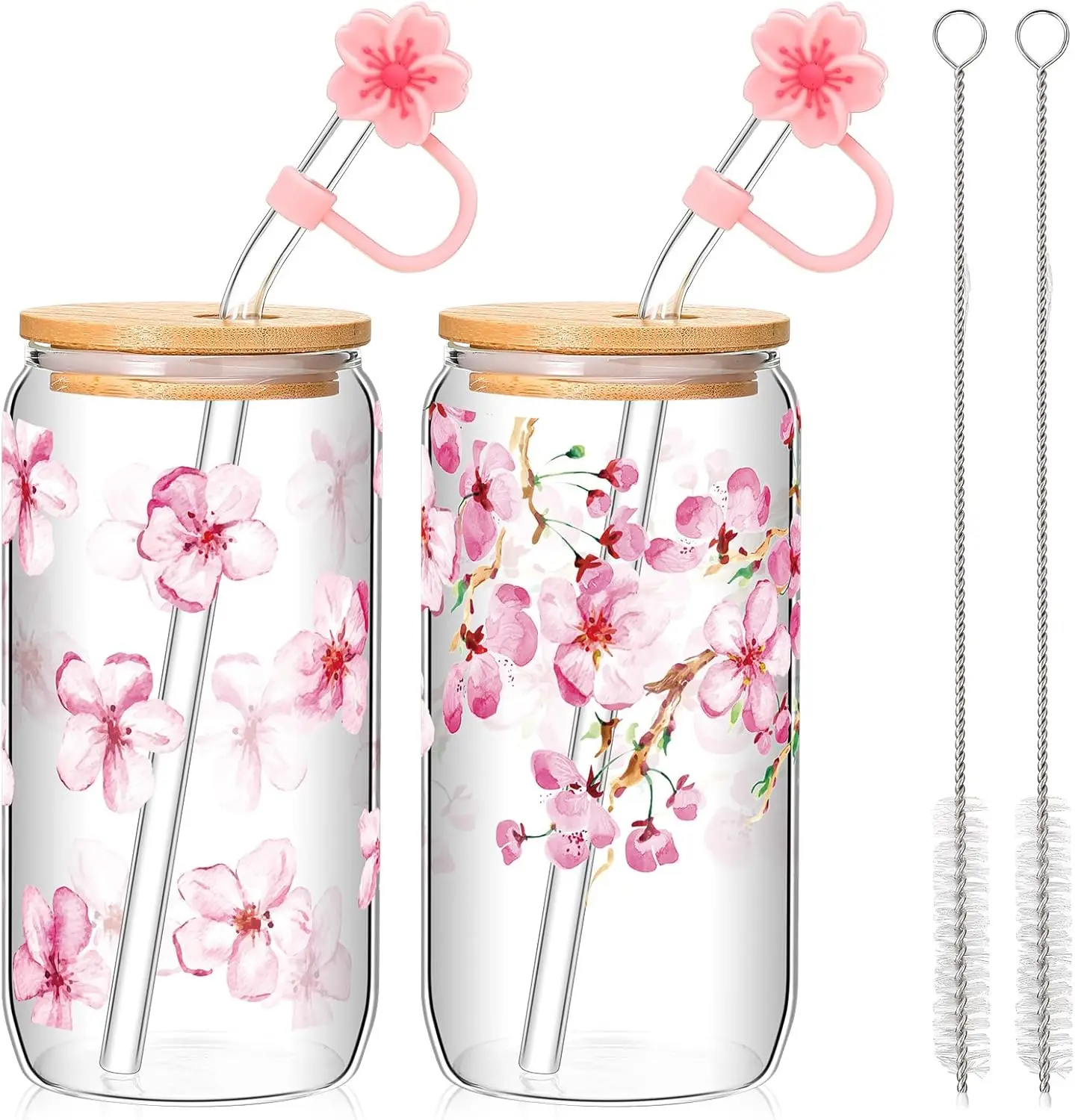 

2 Sets Cherry Blossom Glass Cup 16 oz Aesthetic Sakura Coffee Cup with Bamboo Lid Glass Straw Cleaning Brush and Flowers Straw C