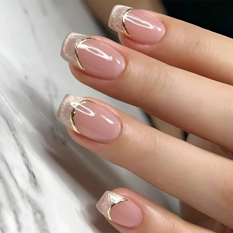 

24Pcs Press on Nails French Cat-Eye Short Square Round Full Coverage Nail Tips for Women&Girl Removable Wearable False Nail