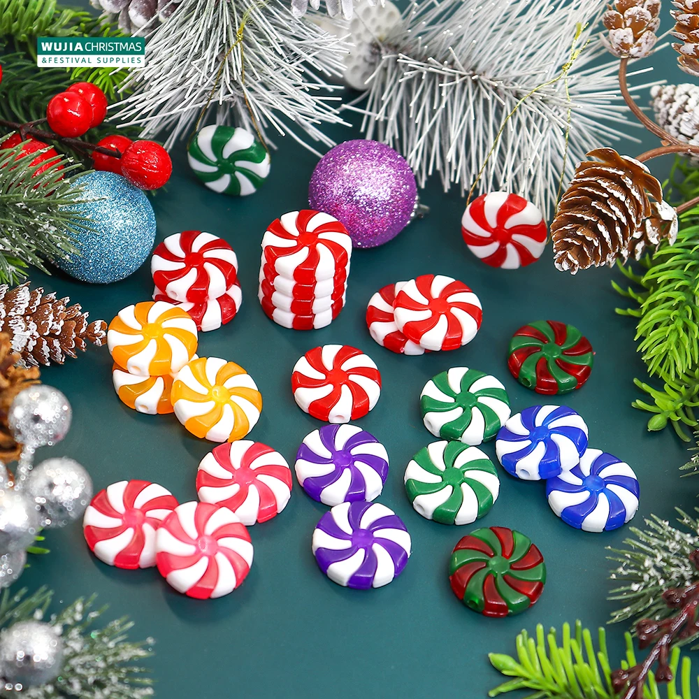 50pcs New Year Acrylic Candy DIY Xmas Tree Hanging Christmas Simulation Candies Peppermint Ornaments  Sweets Drop Pendants Gifts