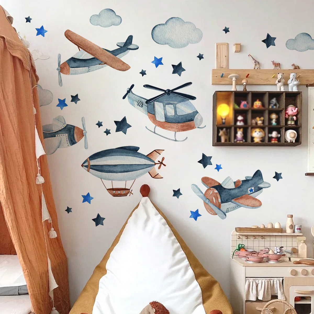 4pcs Creative Spaceship Aircraft Clouds Stars Blue Wall Stickers Children's Room Kindergarten Layout Decorative Stickers Ms543