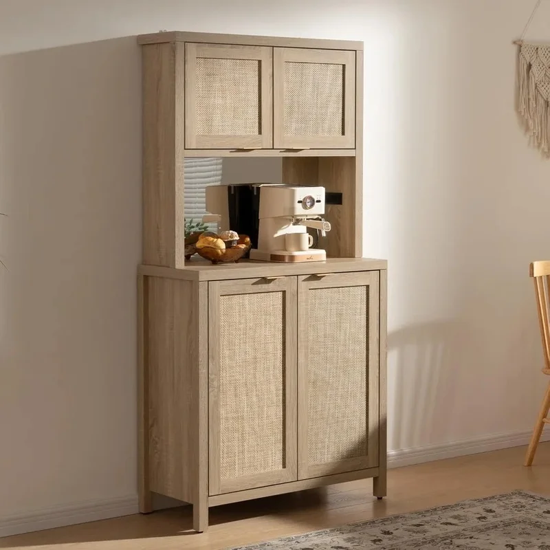 Wooden Kitchen Pantry Storage Cabinet with Power Outlet and Door, Large Freestanding Boho Style Cupboard