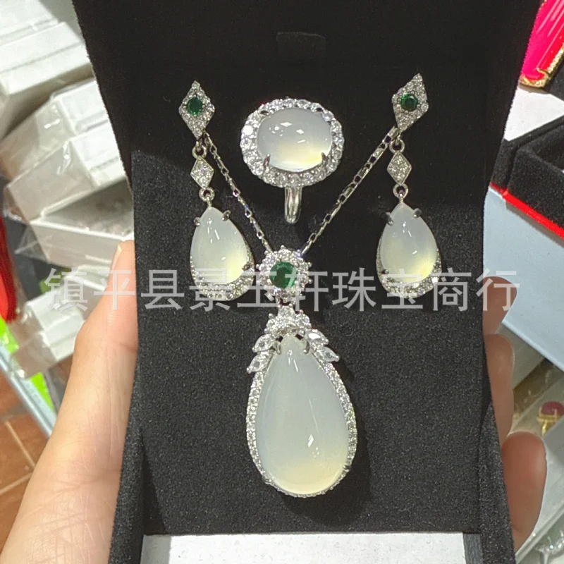 Full Inlaid White Agate Chalcedony Drop Jade Pendant Bracelet Two-Piece Set