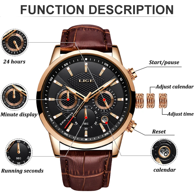 LIGE Waterproof Watches For Men Fashion Sport Quartz Chronograph Men Watch Top Brand Luxury Brown Leather Military Watch Men