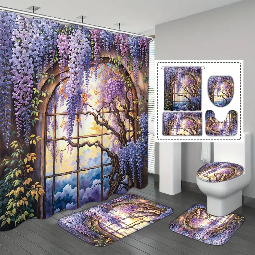 

4-piece dreamy wisteria tree waterproof printed shower curtain with 12 hooks and bathroom floor mats