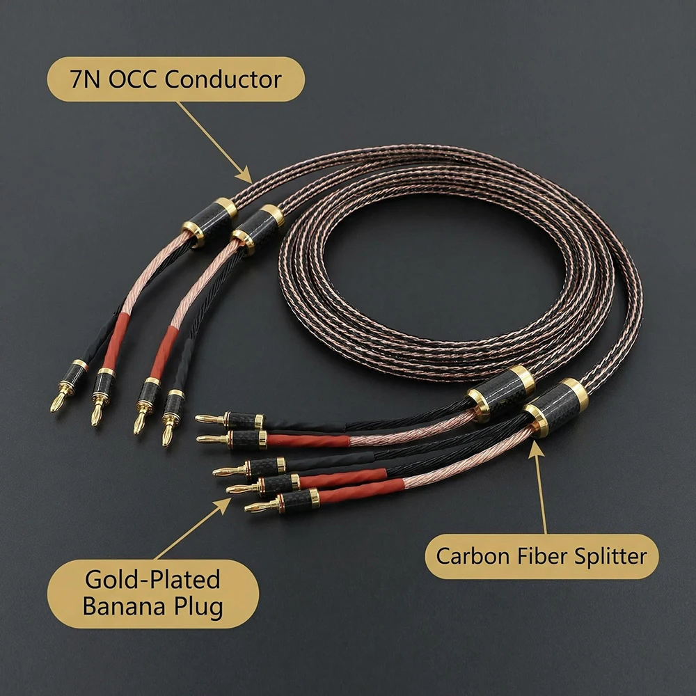 Pair Hifi Bi Wiring Speaker Cable Hi-end 12TC 24 strand 7N OCC Speaker Wire With Carbon Fiber 2 to 2/4 Banana Plug