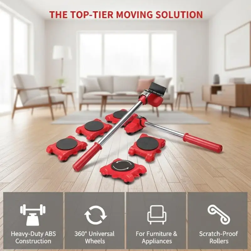 Heavy Duty Furniture Lifter 5 8Pcs Roller with Wheel Bar Moving Appliance Device for Home Bedroom Office Use - view 5