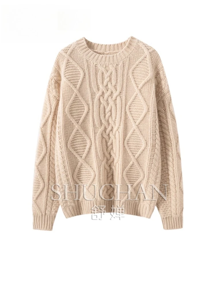 

100 pure cashmere sweater women's heavy-duty thickened fried street single twist jacquard crew neck wool knitted 630g