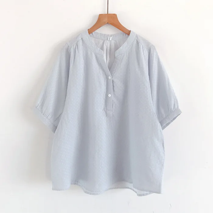 New Spring Cotton Yarn Versatile Shirt Women V Neck Basic Tops Girl Short Sleeve Solid Simplicity Blouse 2024 Autumn T43502QC