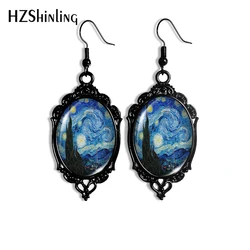 2024 New The Starry Night Oil Painting Dangle Earring Black Lace Earrings Oval Glass Photo Jewelry Gifts Party