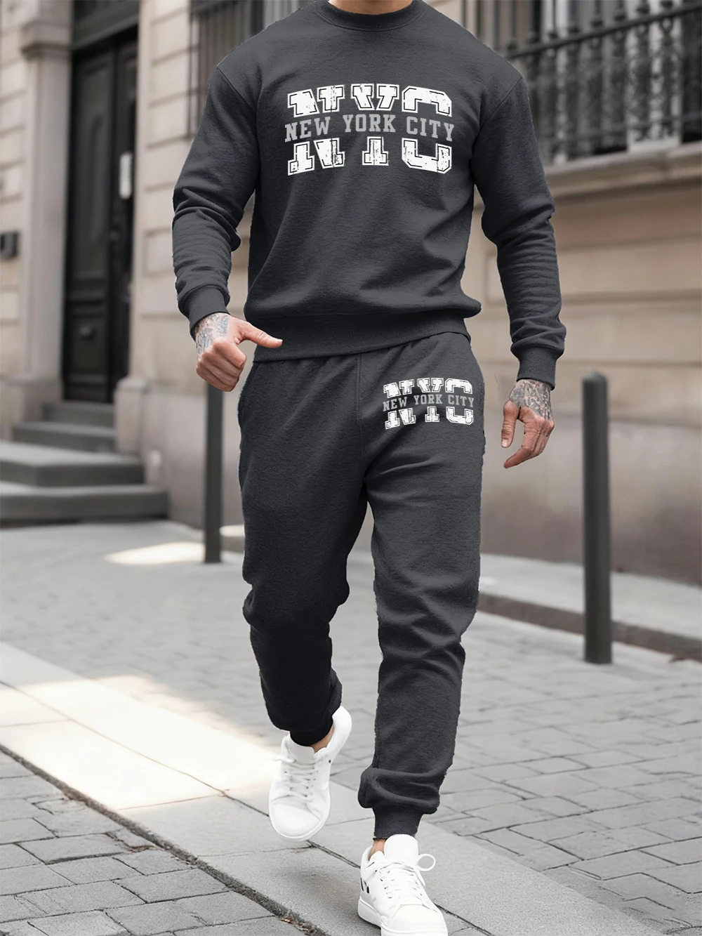 

2 Pcs Hoodies Set Mens New York City Prints Sweatpants Autumn Loose Fleece Warm Sporty Pants Sweatshirts Casual Crewneck Clothes