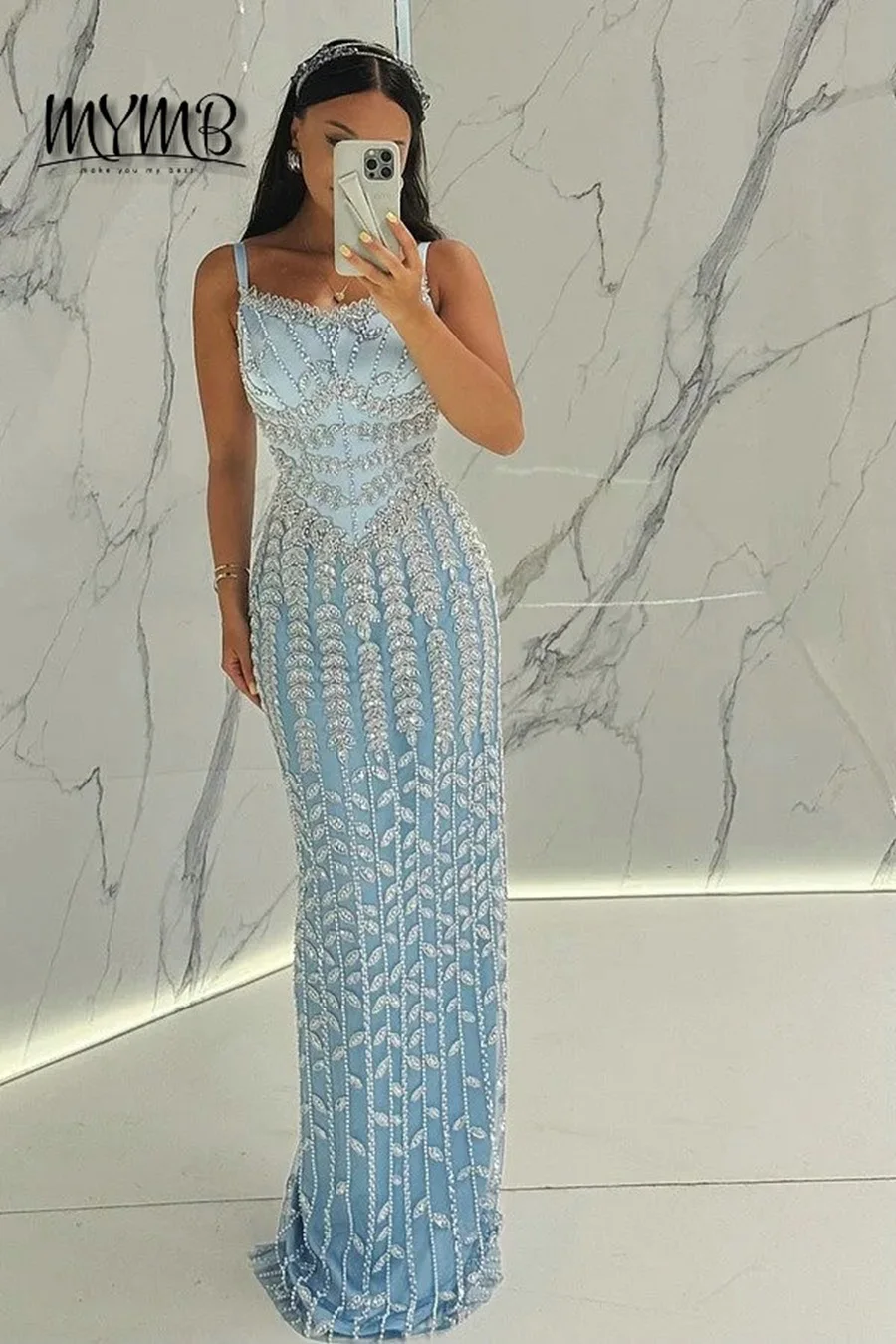 

MYMB Sparkling Dazzling Embroidery Beads Hot Selling Luxury Graceful Spaghetti Strap High Slit Evening Gown for Prom MB40346
