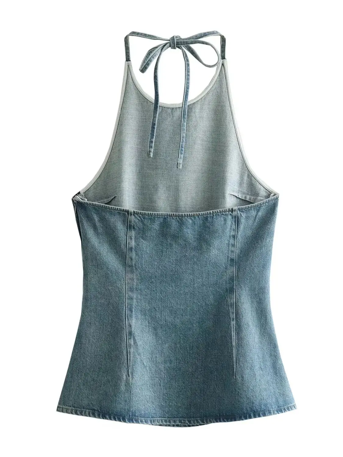 XNWMNZ Women\'s Fashion Halter Neck Tie Denim Top Women High Street Sleeveless Backless Versatile Female Top